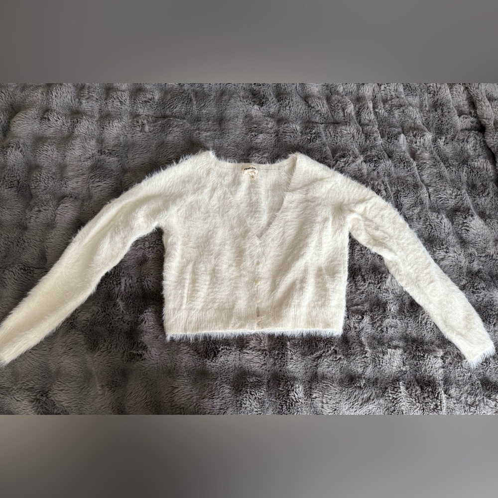 Open edit cropped white cardigan has a faint pink stain on the back size S